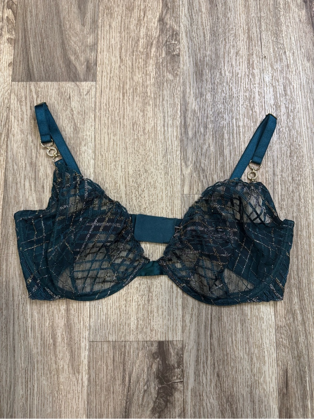 Victoria’s Secret 36DD Teal Metallic Plaid Lace Unlined Underwire Bra Gold